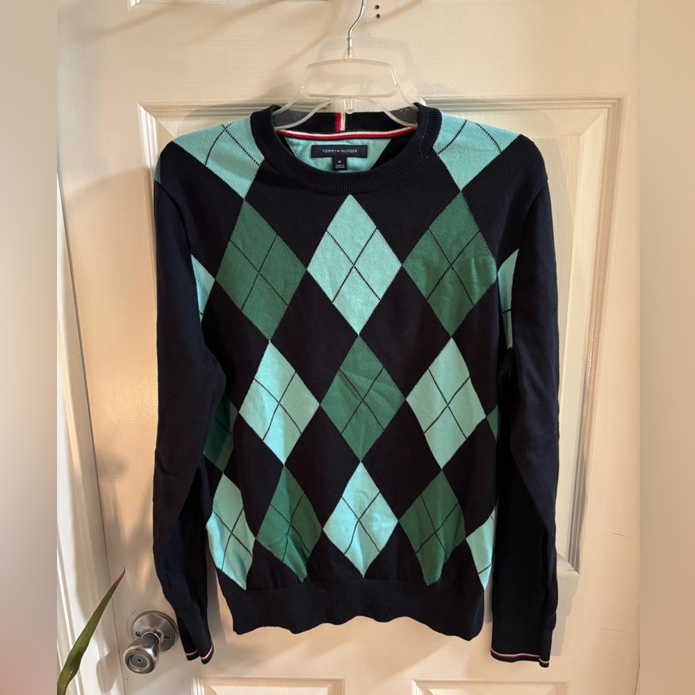 Tommy Hilfiger Men’s Argyle Sweater - Navy, Green, White Size Large